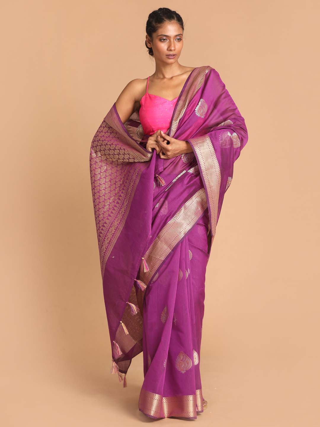 Indethnic Banarasi Purple Woven Design Festive Wear Saree - View 1