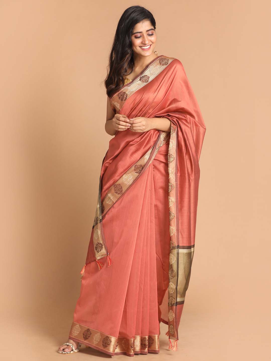 Indethnic Banarasi Rust Solid Work Wear Saree - View 1