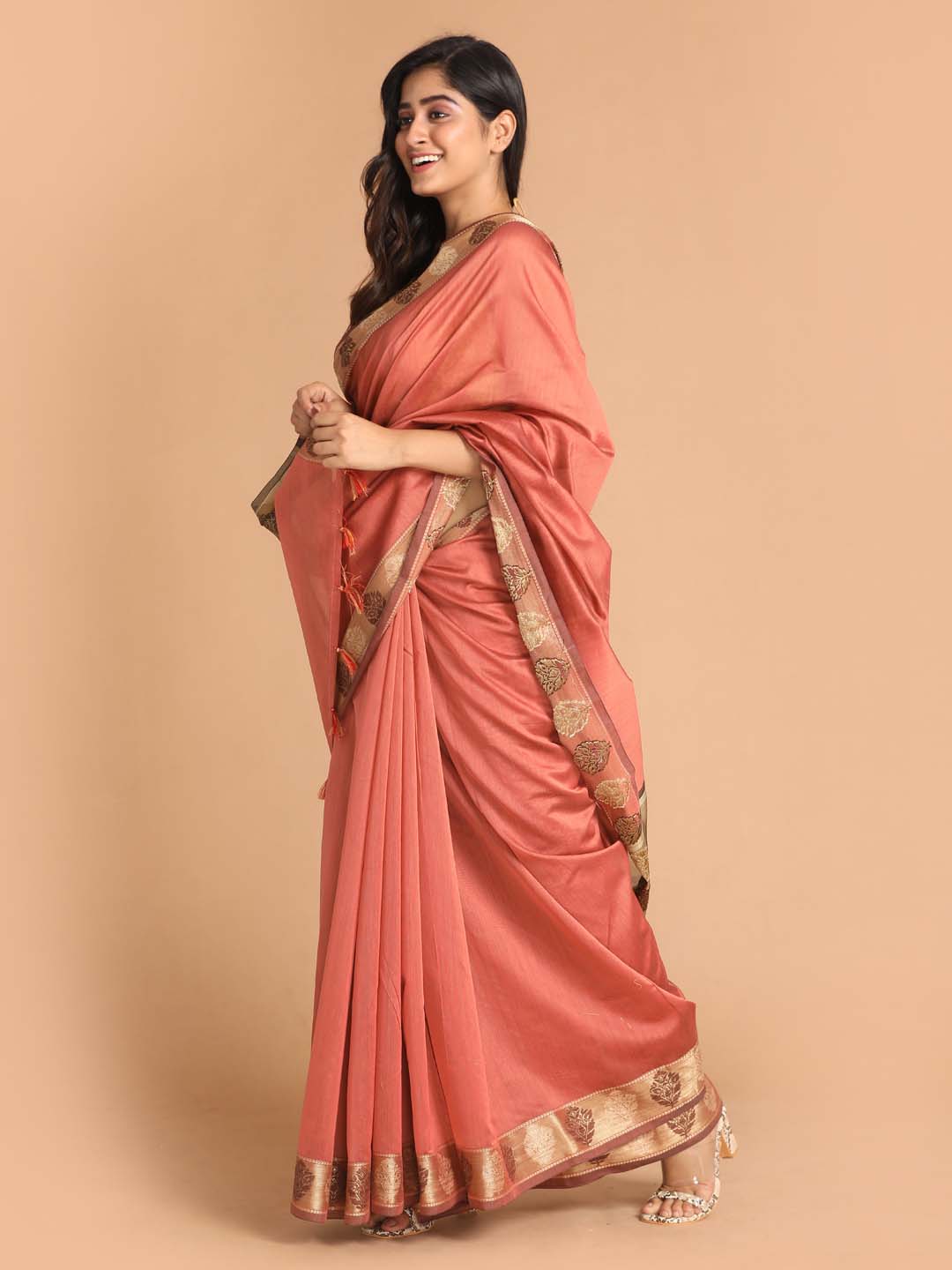 Indethnic Banarasi Rust Solid Work Wear Saree - View 2