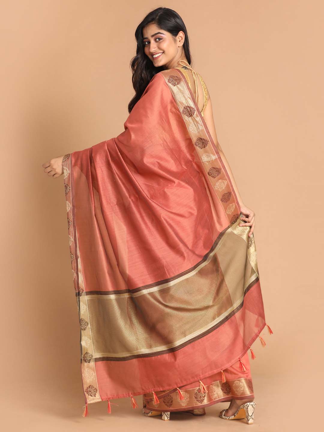 Indethnic Banarasi Rust Solid Work Wear Saree - View 3