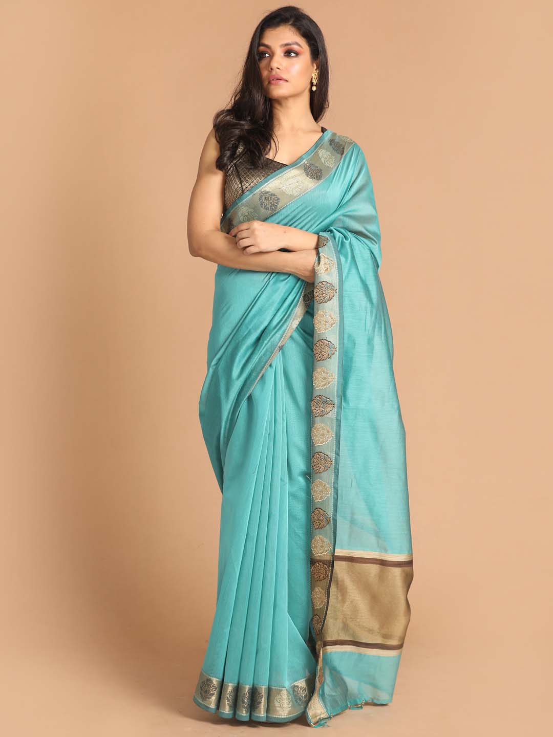 Indethnic Banarasi Teal Solid Work Wear Saree - View 1