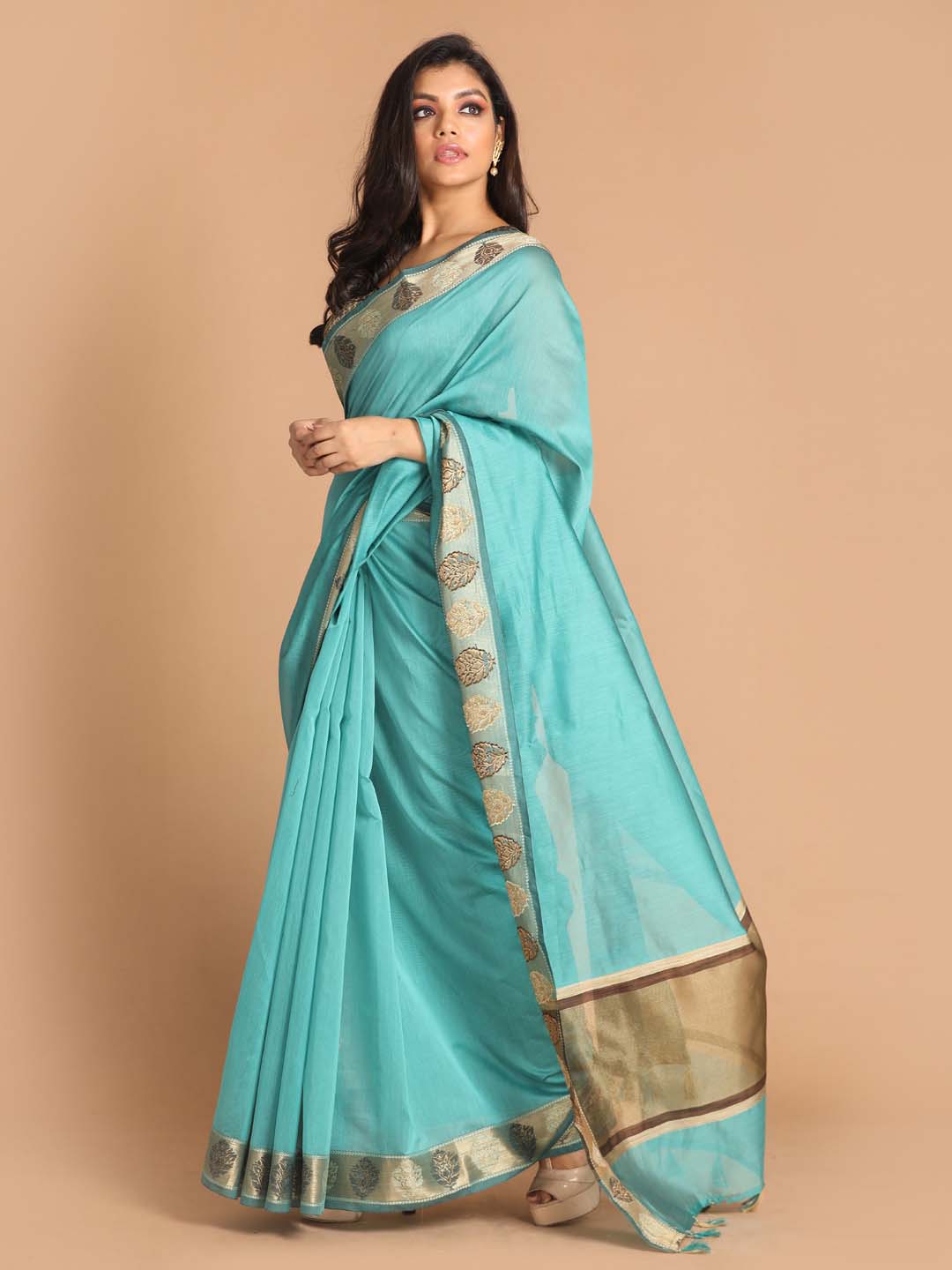 Indethnic Banarasi Teal Solid Work Wear Saree - View 2