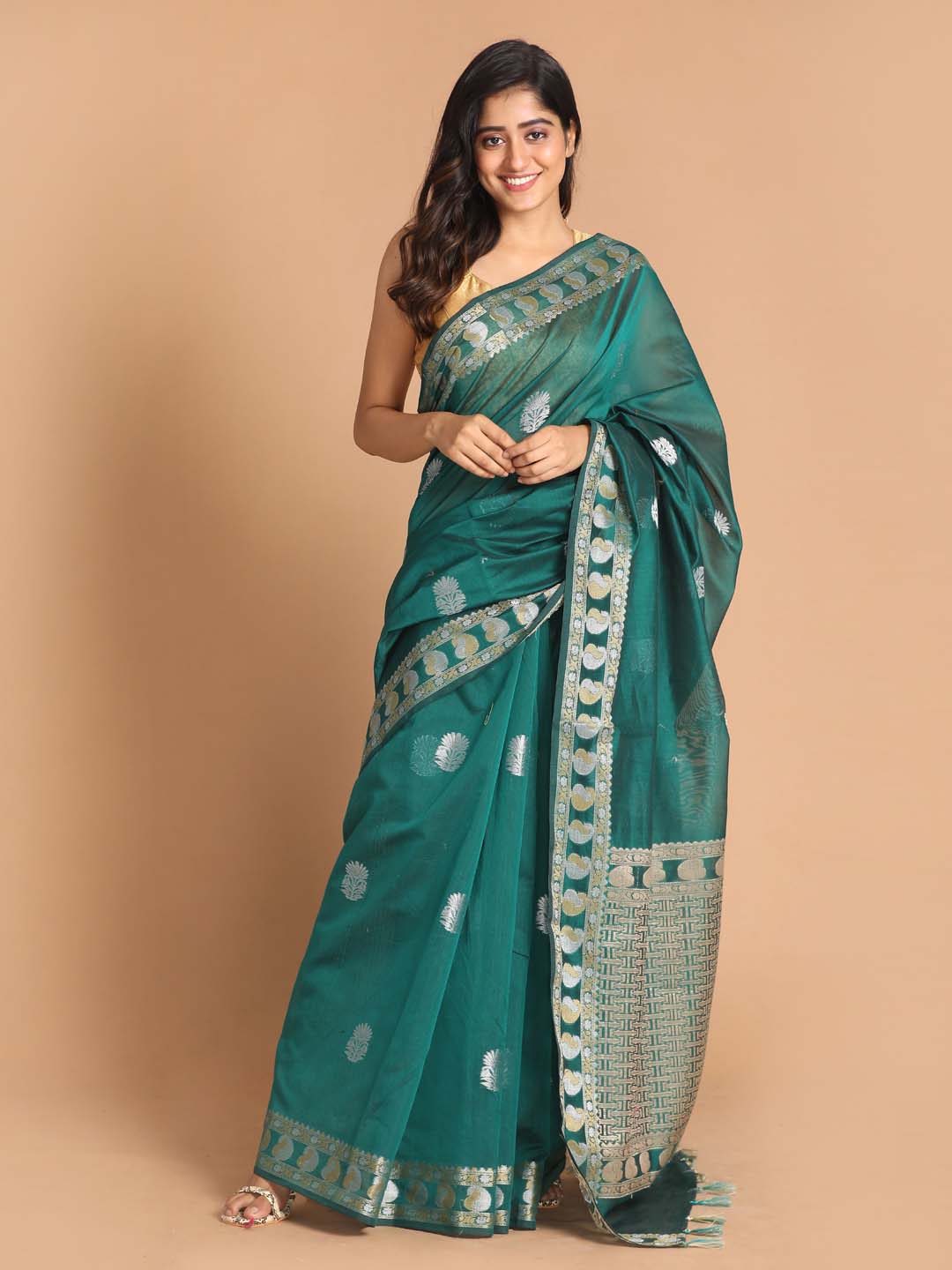 Indethnic Banarasi Bottle Green Woven Design Daily Wear Saree - View 1