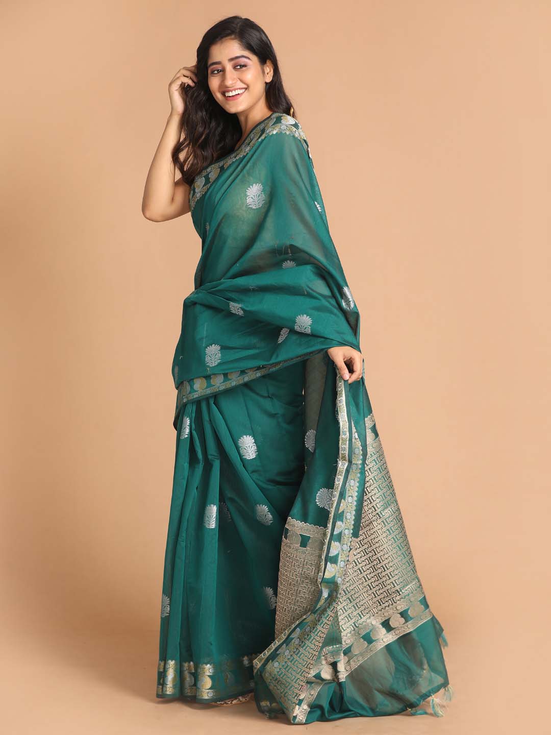 Indethnic Banarasi Bottle Green Woven Design Daily Wear Saree - View 2