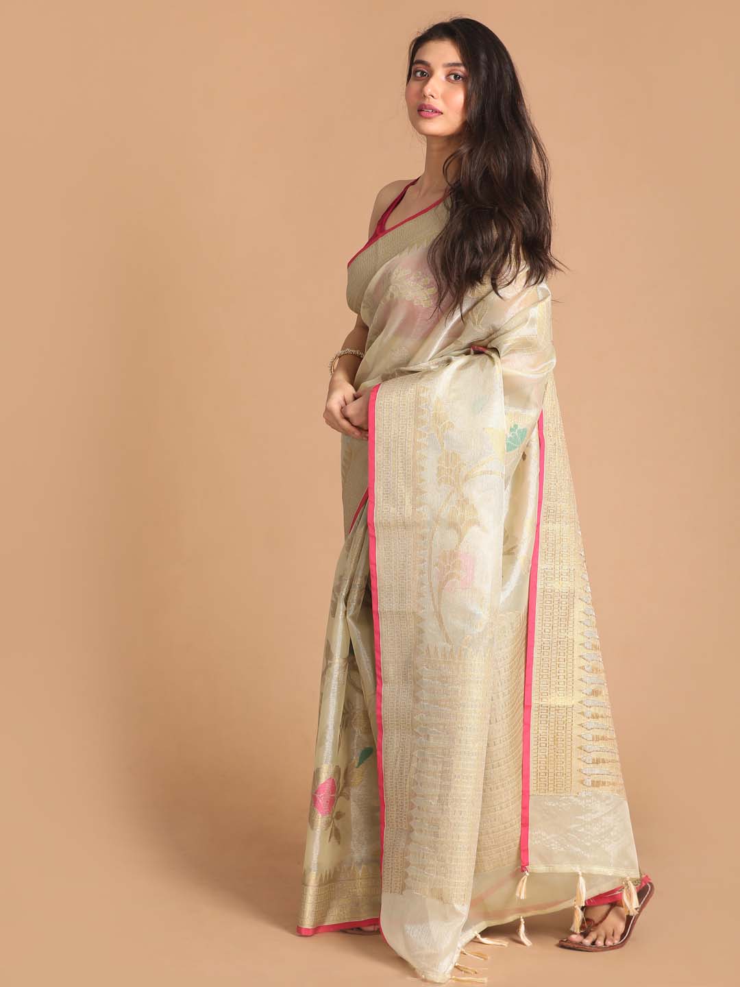 Indethnic Banarasi Beige Woven Design Party Wear Saree - View 2