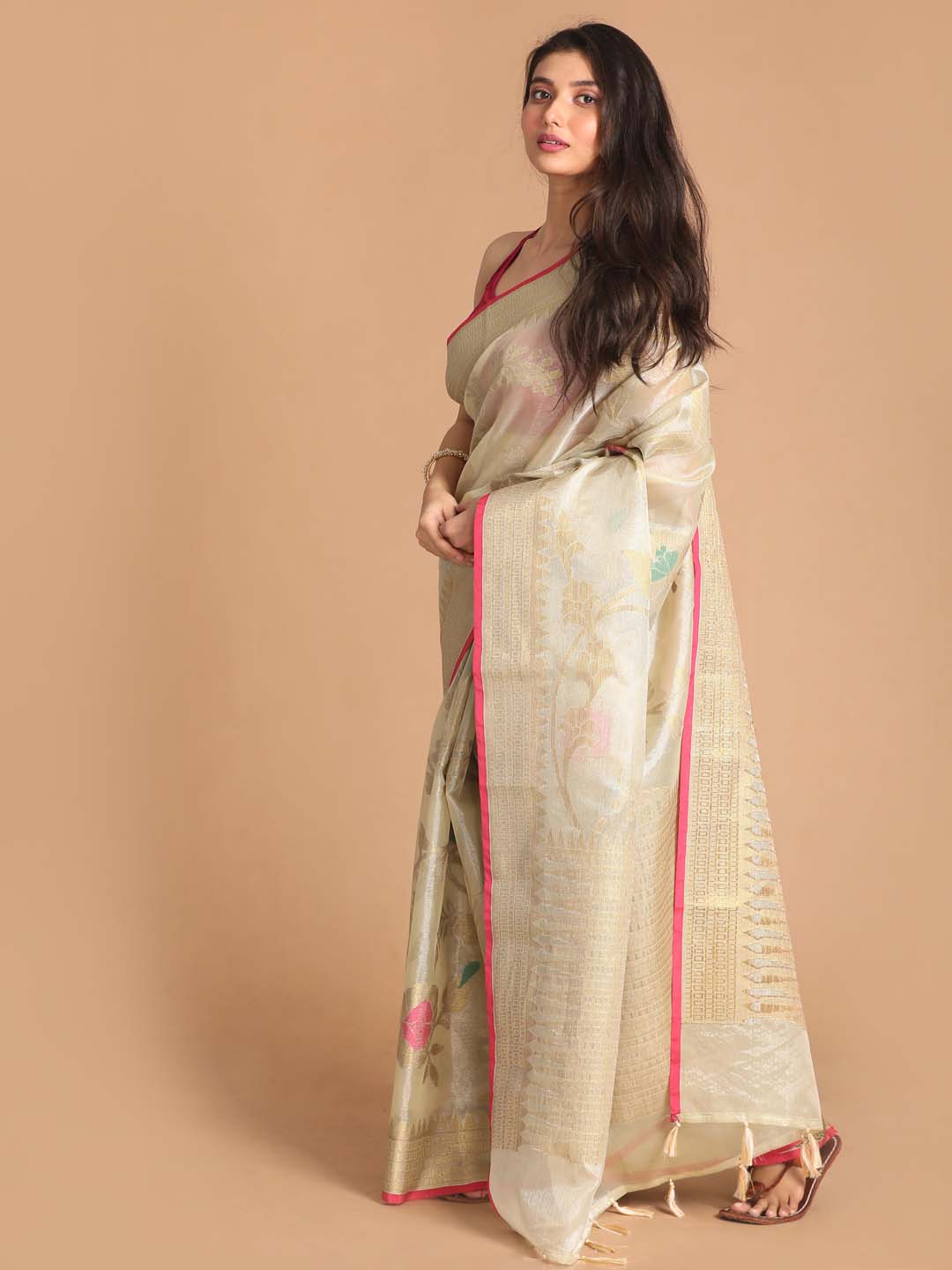 Indethnic Banarasi Beige Woven Design Party Wear Saree - View 1