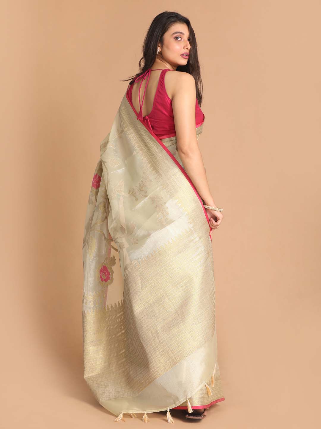 Indethnic Banarasi Beige Woven Design Party Wear Saree - View 3