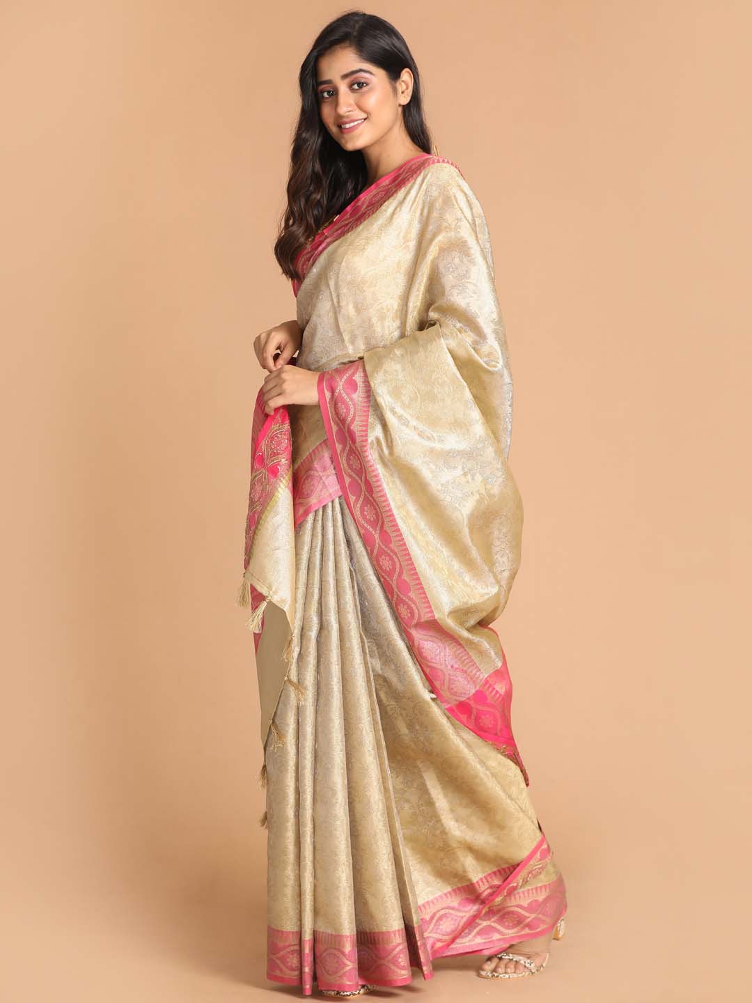 Indethnic Banarasi Beige Woven Design Festive Wear Saree - View 2