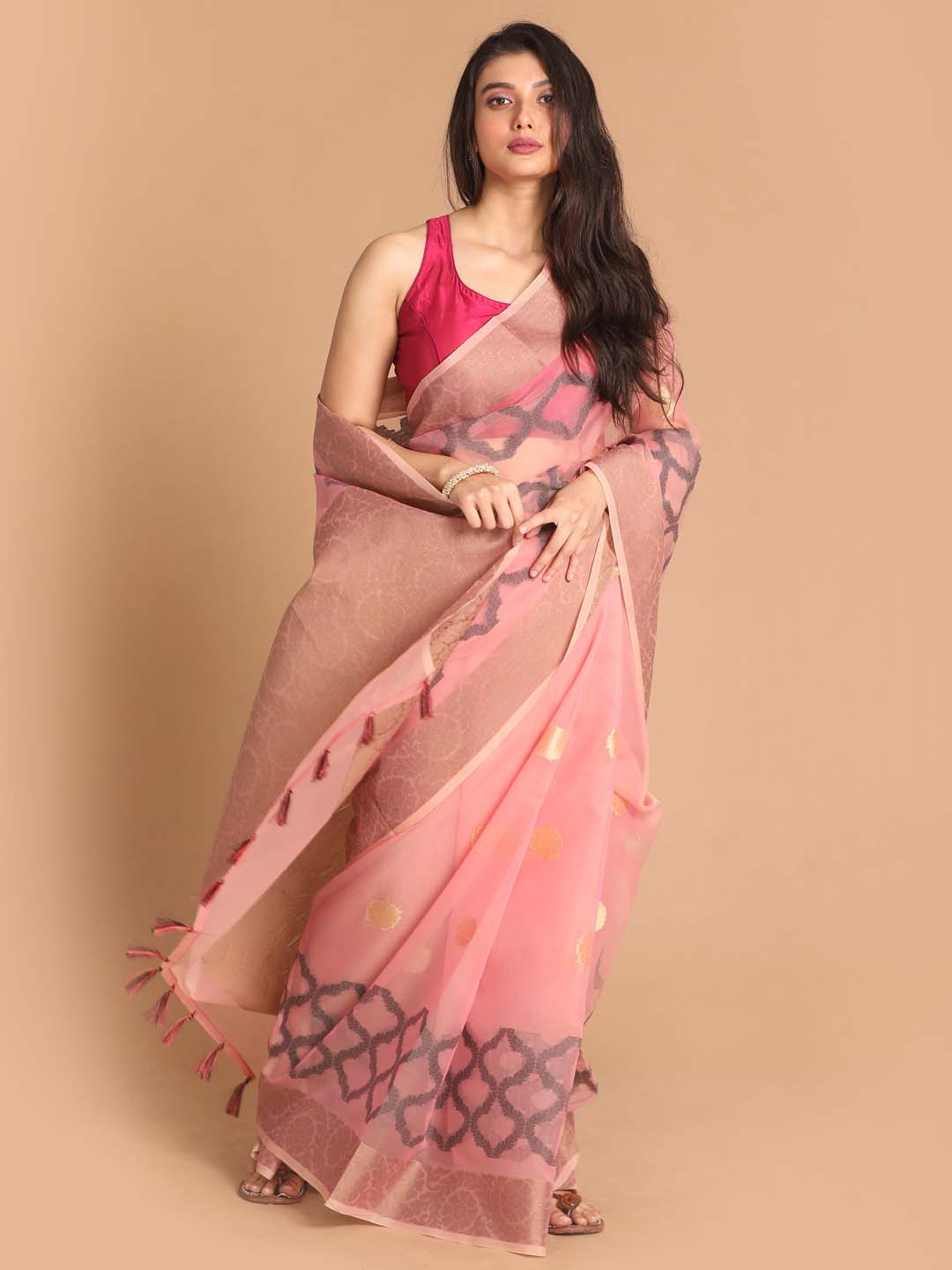 Indethnic Banarasi Coral Woven Design Party Wear Saree - View 1