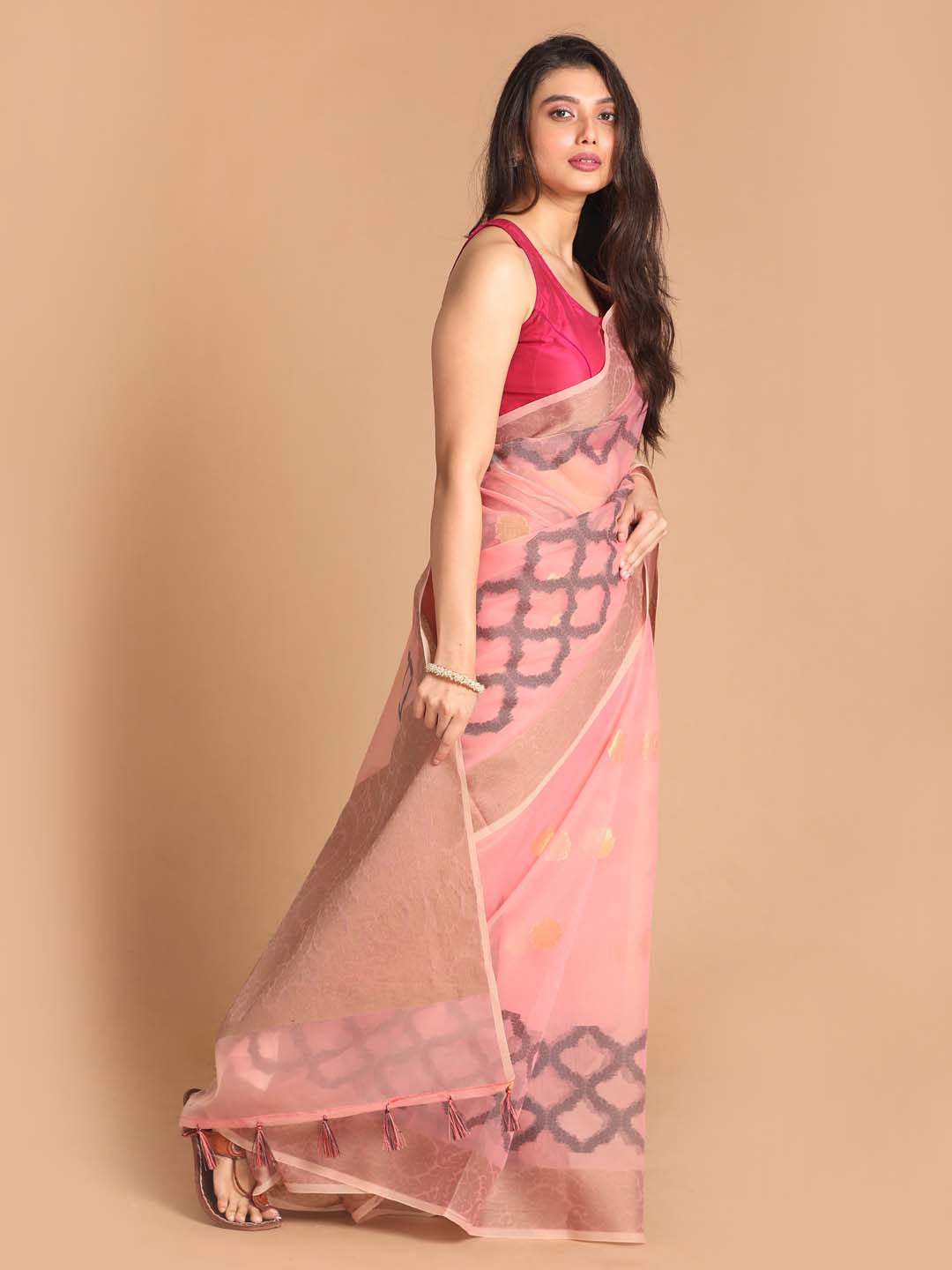 Indethnic Banarasi Coral Woven Design Party Wear Saree - View 2