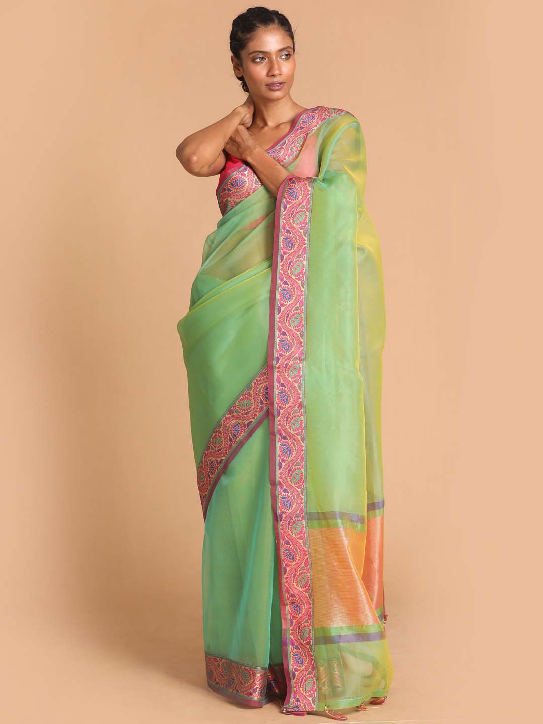 Indethnic Banarasi Green Solid Party Wear Saree - View 1