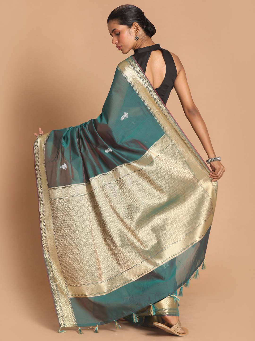 Indethnic Banarasi Green Woven Design Party Wear Saree - View 3