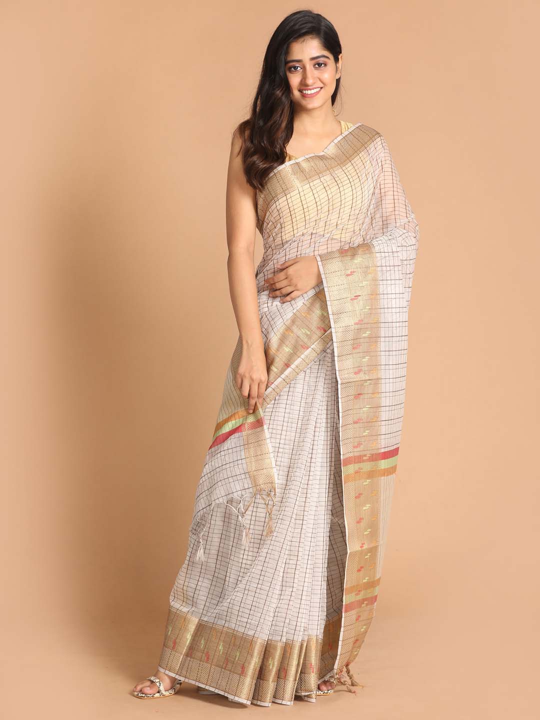 Indethnic Banarasi Grey Checked Work Wear Saree - View 1