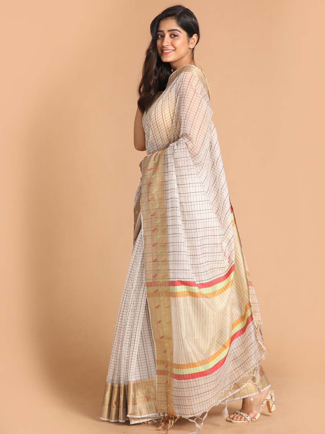 Indethnic Banarasi Grey Checked Work Wear Saree - View 2