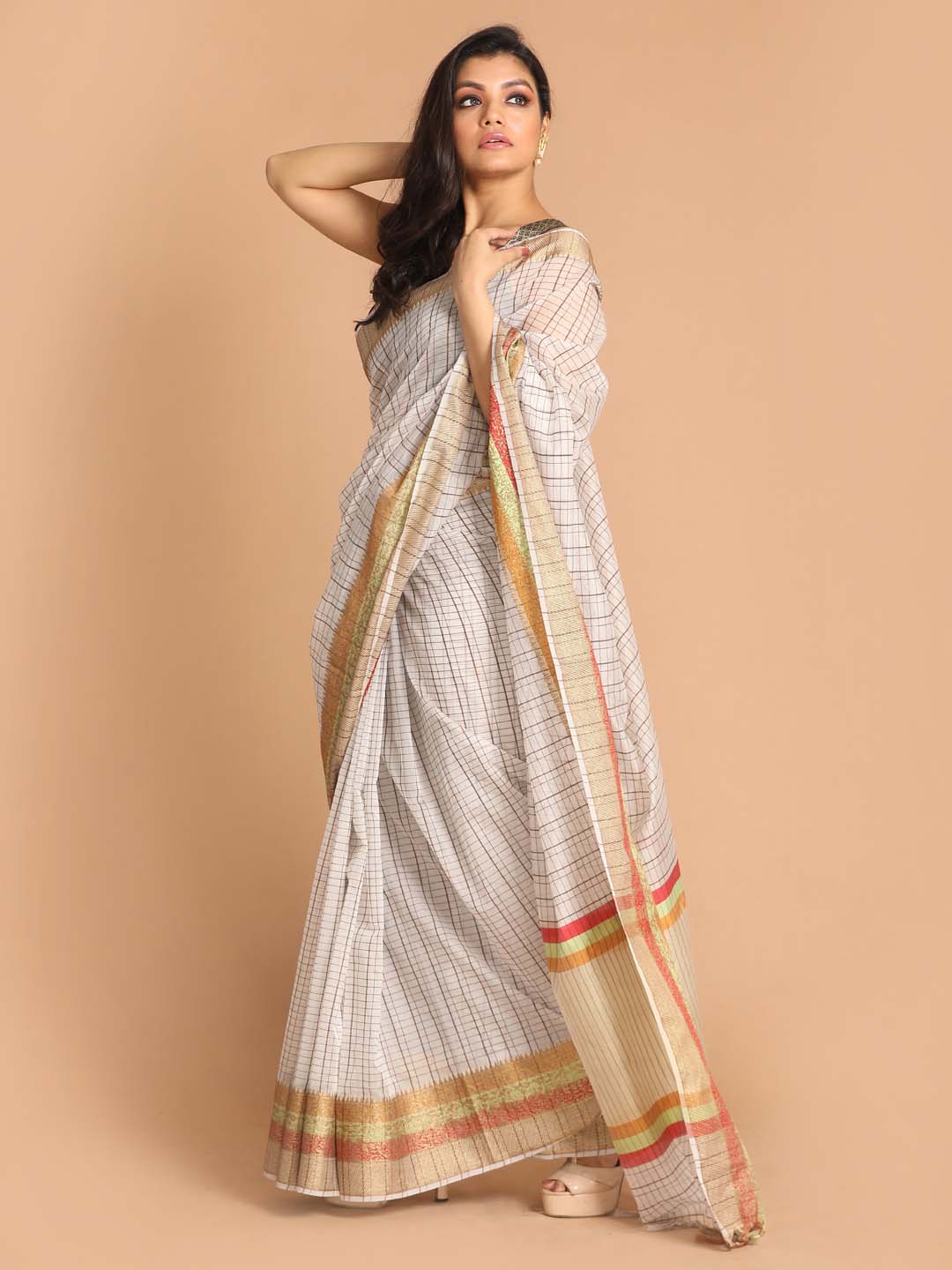 Indethnic Banarasi Grey Checked Work Wear Saree - View 2