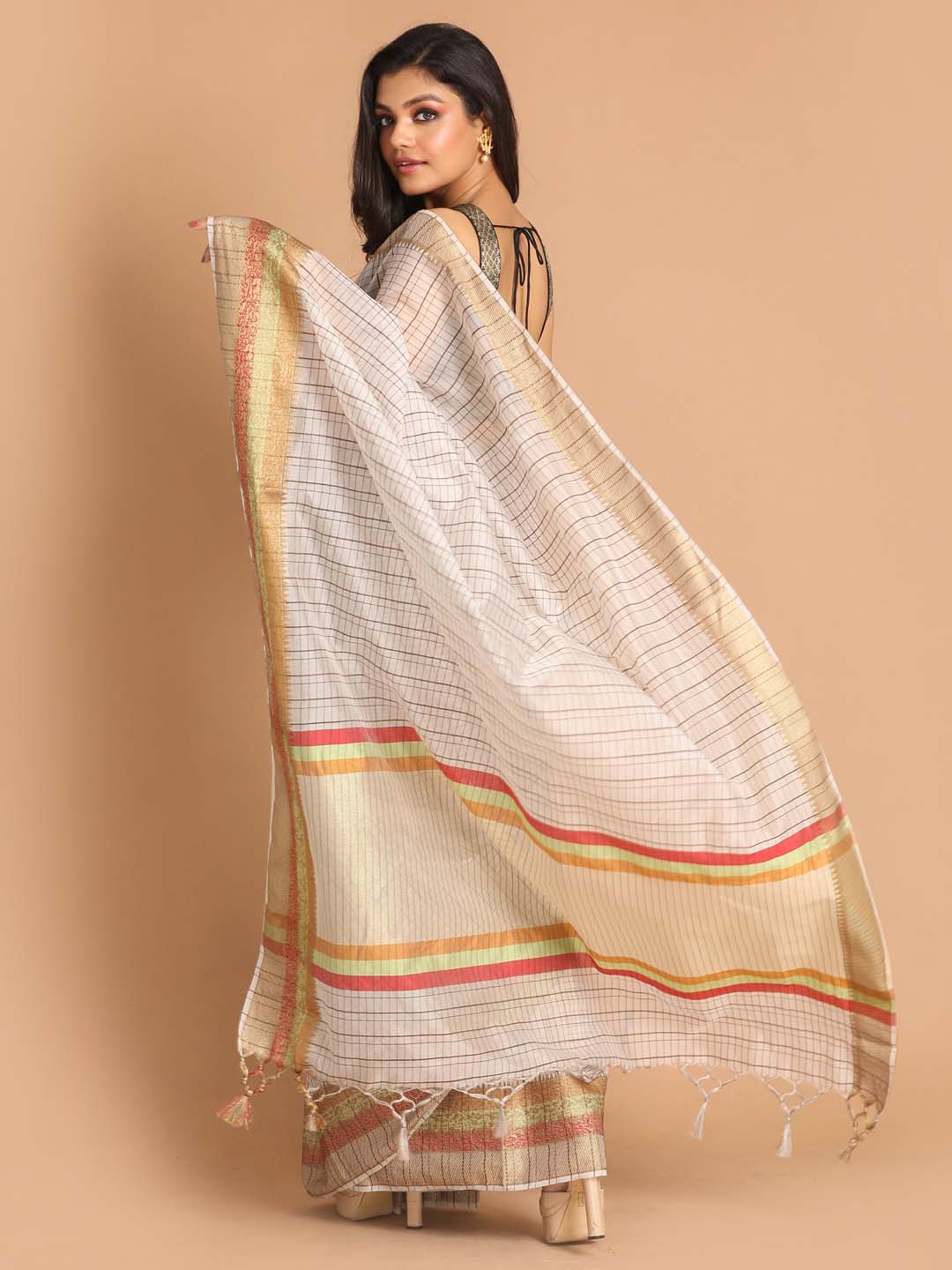 Indethnic Banarasi Grey Checked Work Wear Saree - View 3