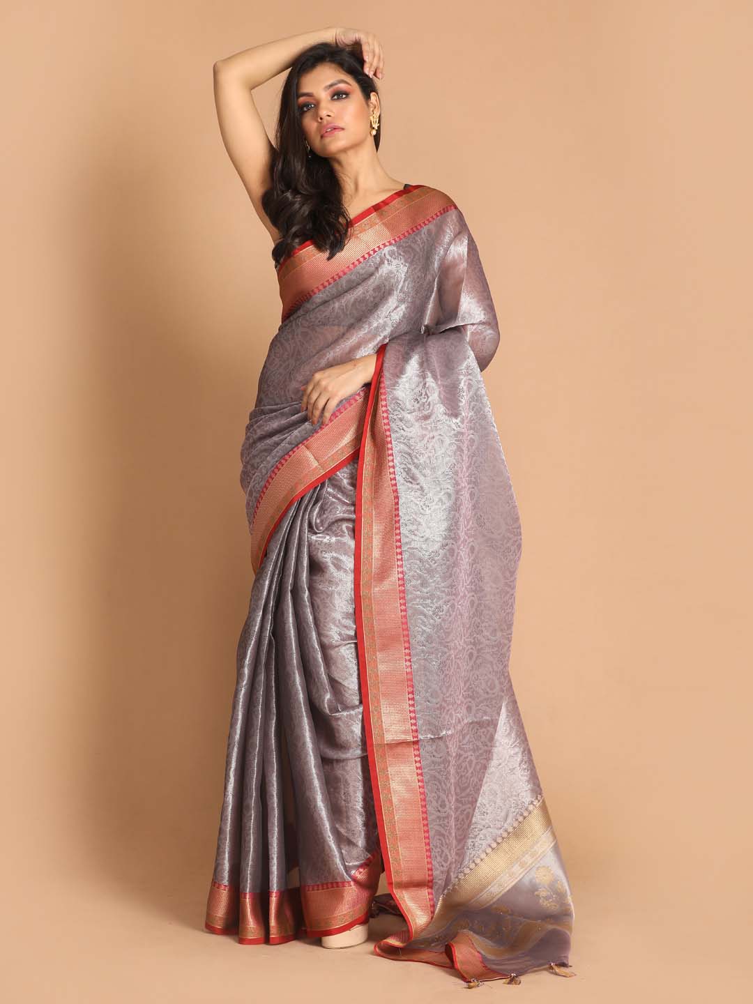 Indethnic Banarasi Grey Woven Design Party Wear Saree - View 1