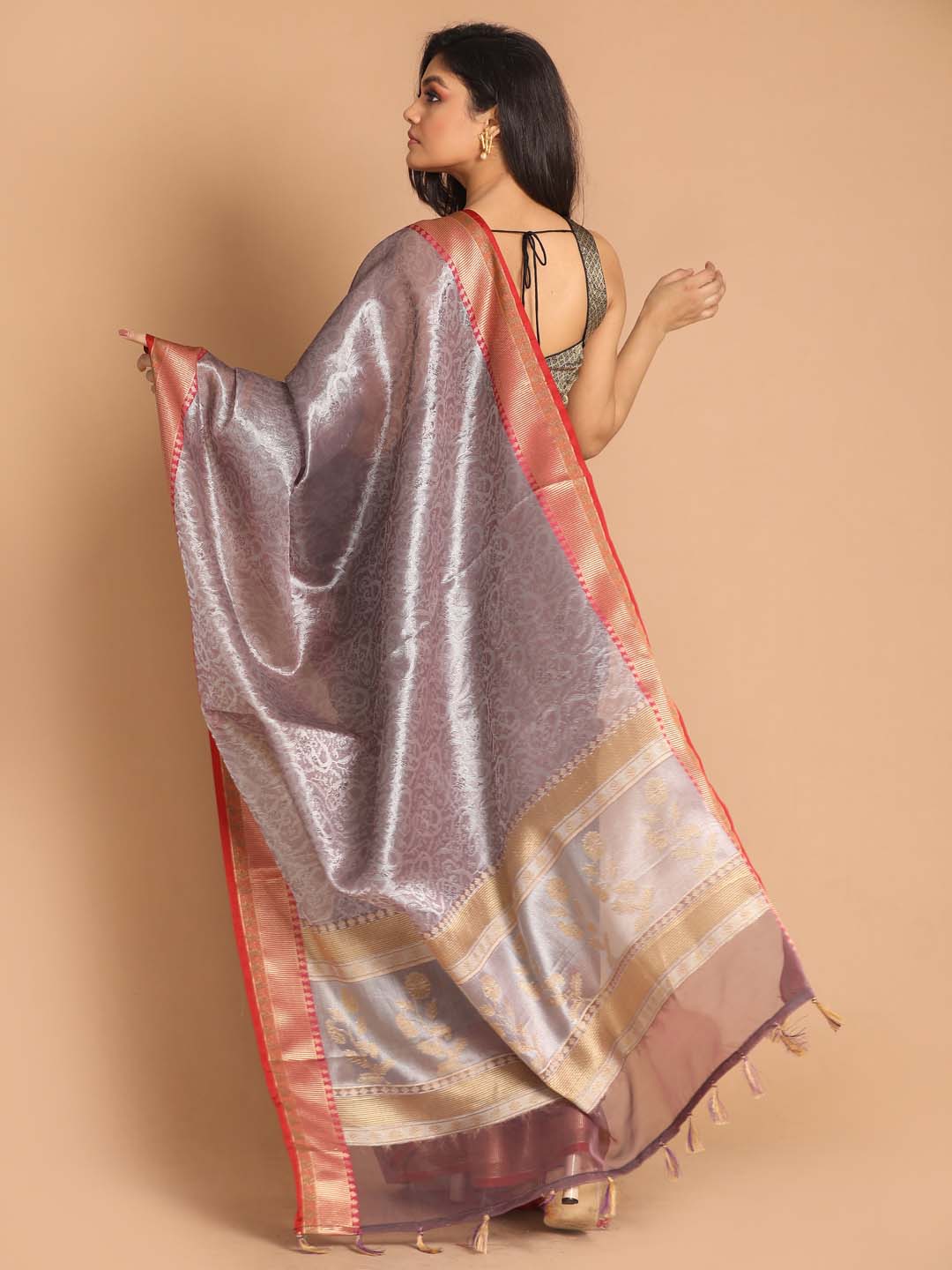 Indethnic Banarasi Grey Woven Design Party Wear Saree - View 3