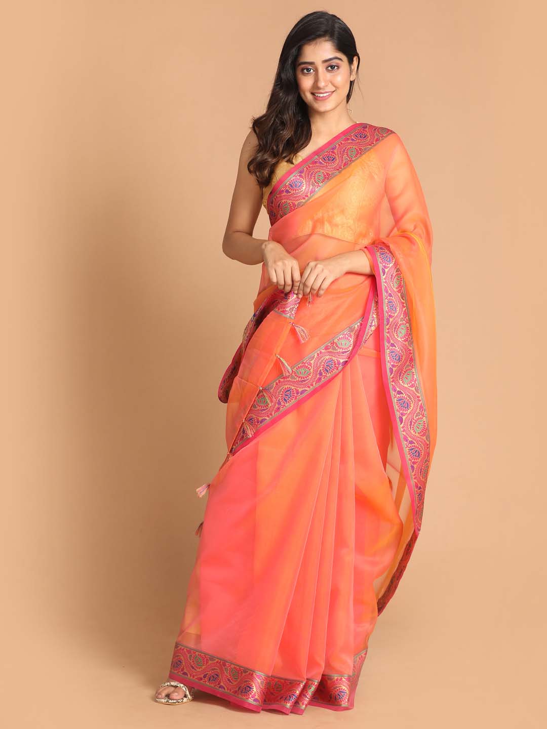Indethnic Banarasi Peach Solid Party Wear Saree - View 1