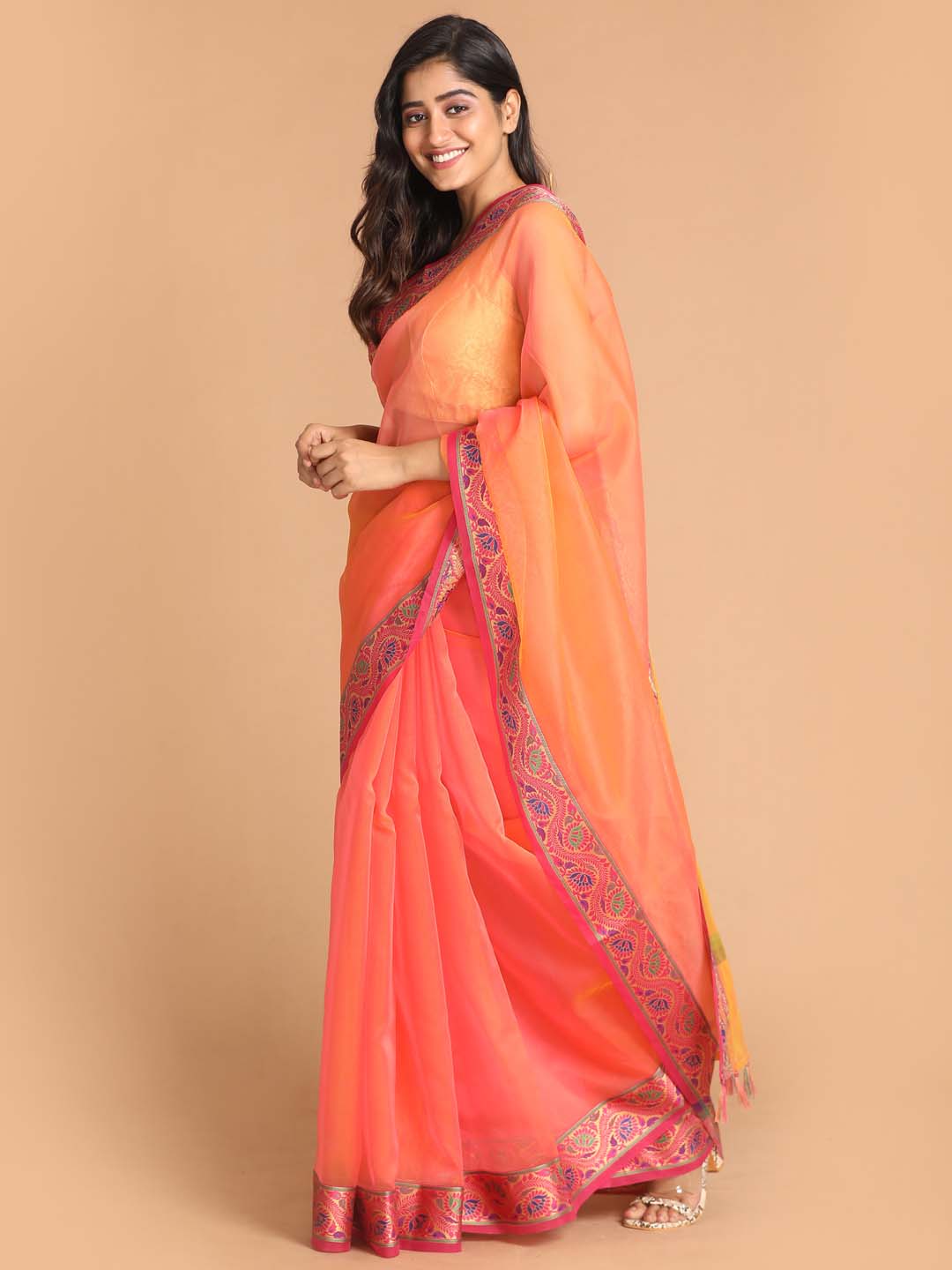 Indethnic Banarasi Peach Solid Party Wear Saree - View 2