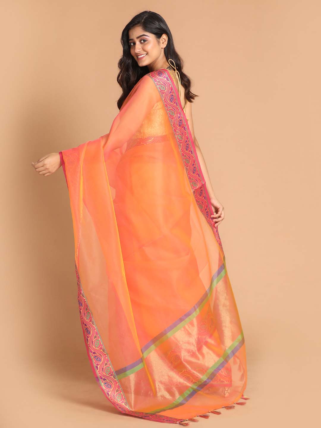 Indethnic Banarasi Peach Solid Party Wear Saree - View 3