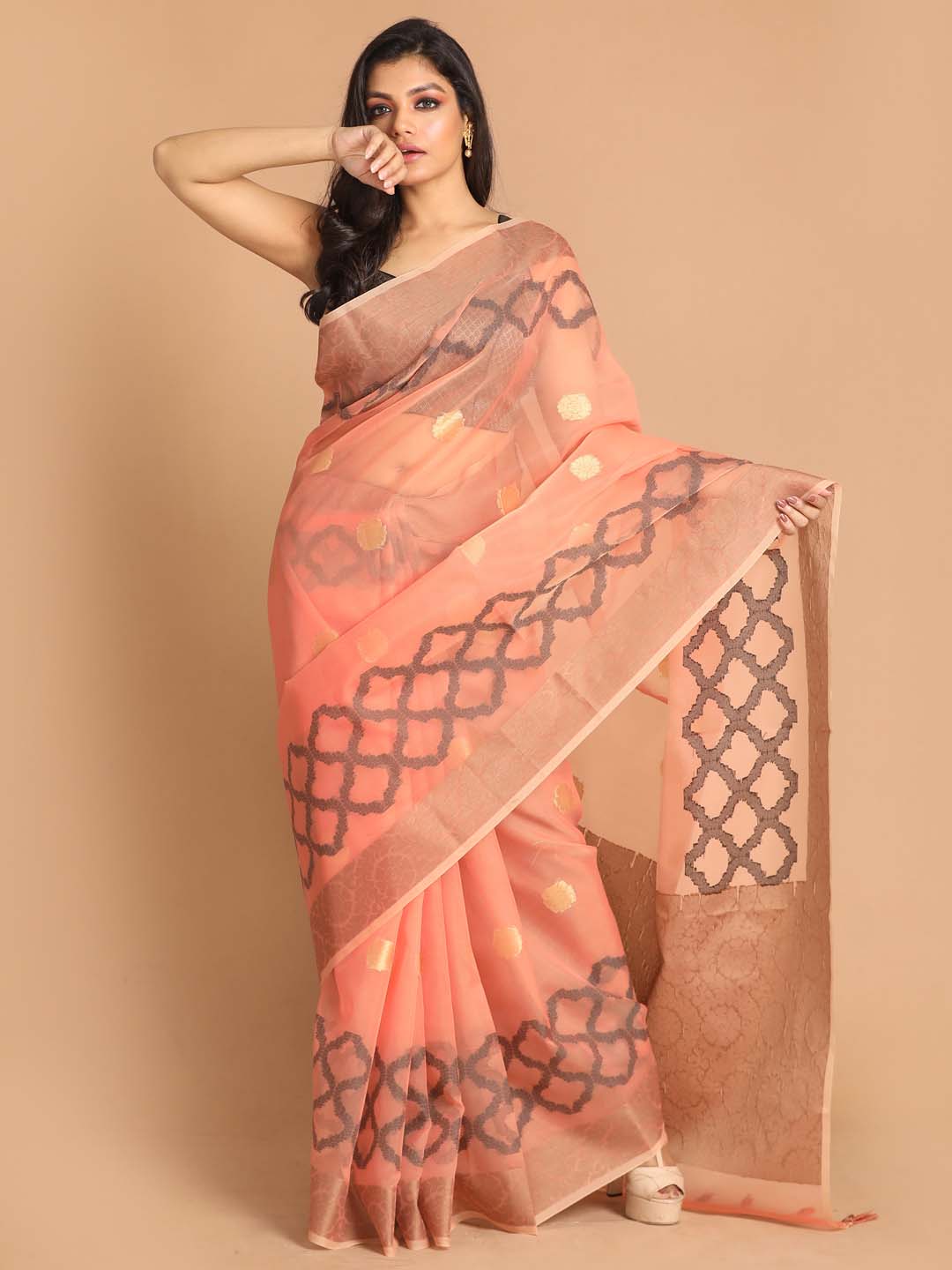 Indethnic Banarasi Peach Woven Design Party Wear Saree - View 1