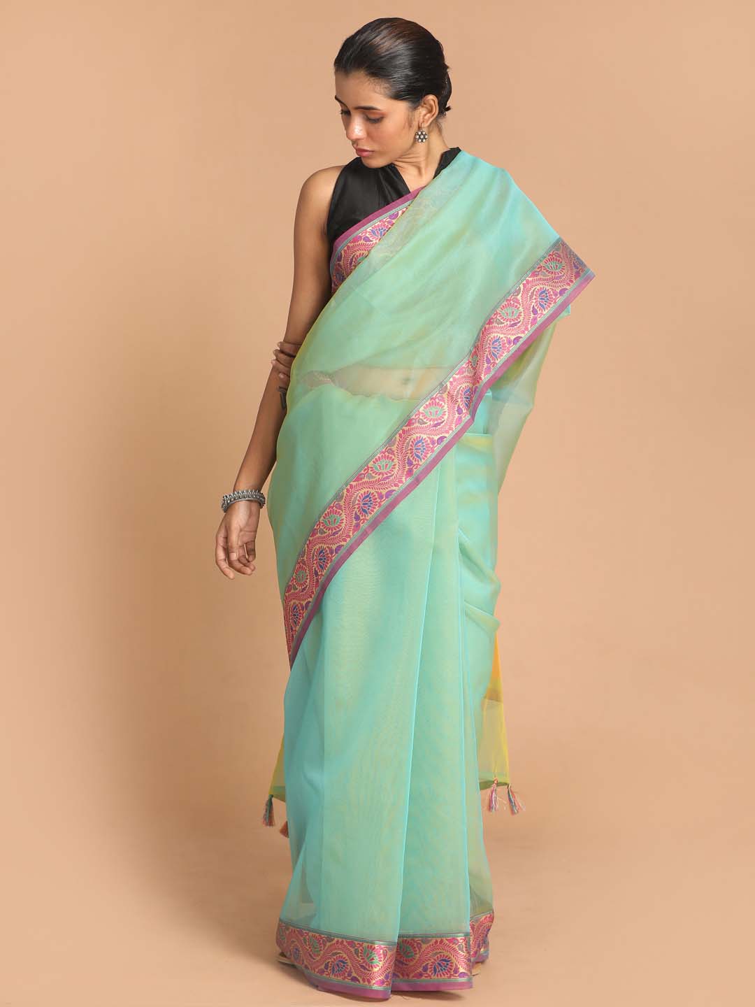 Indethnic Banarasi Sea Green Solid Party Wear Saree - View 1