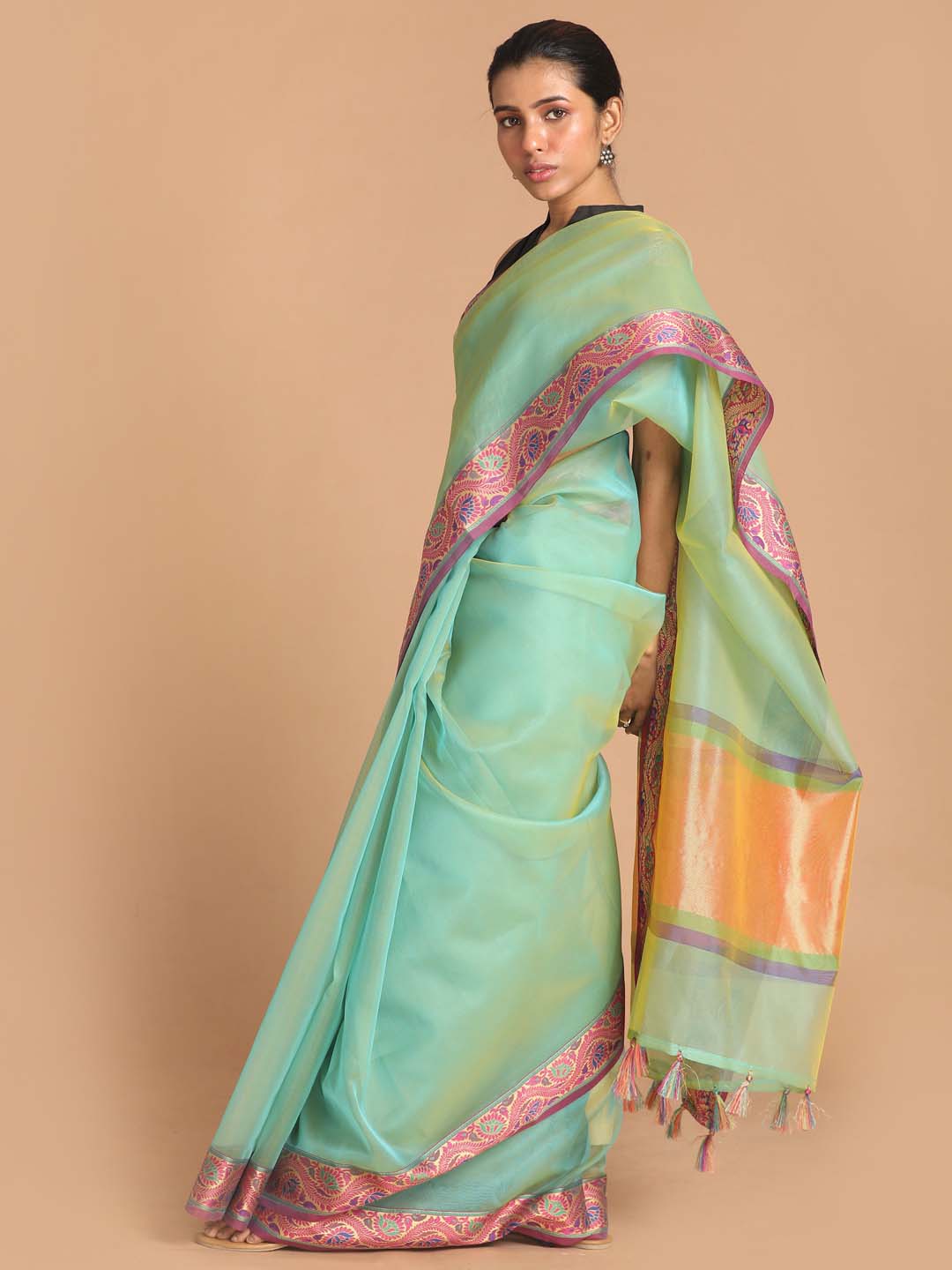 Indethnic Banarasi Sea Green Solid Party Wear Saree - View 2