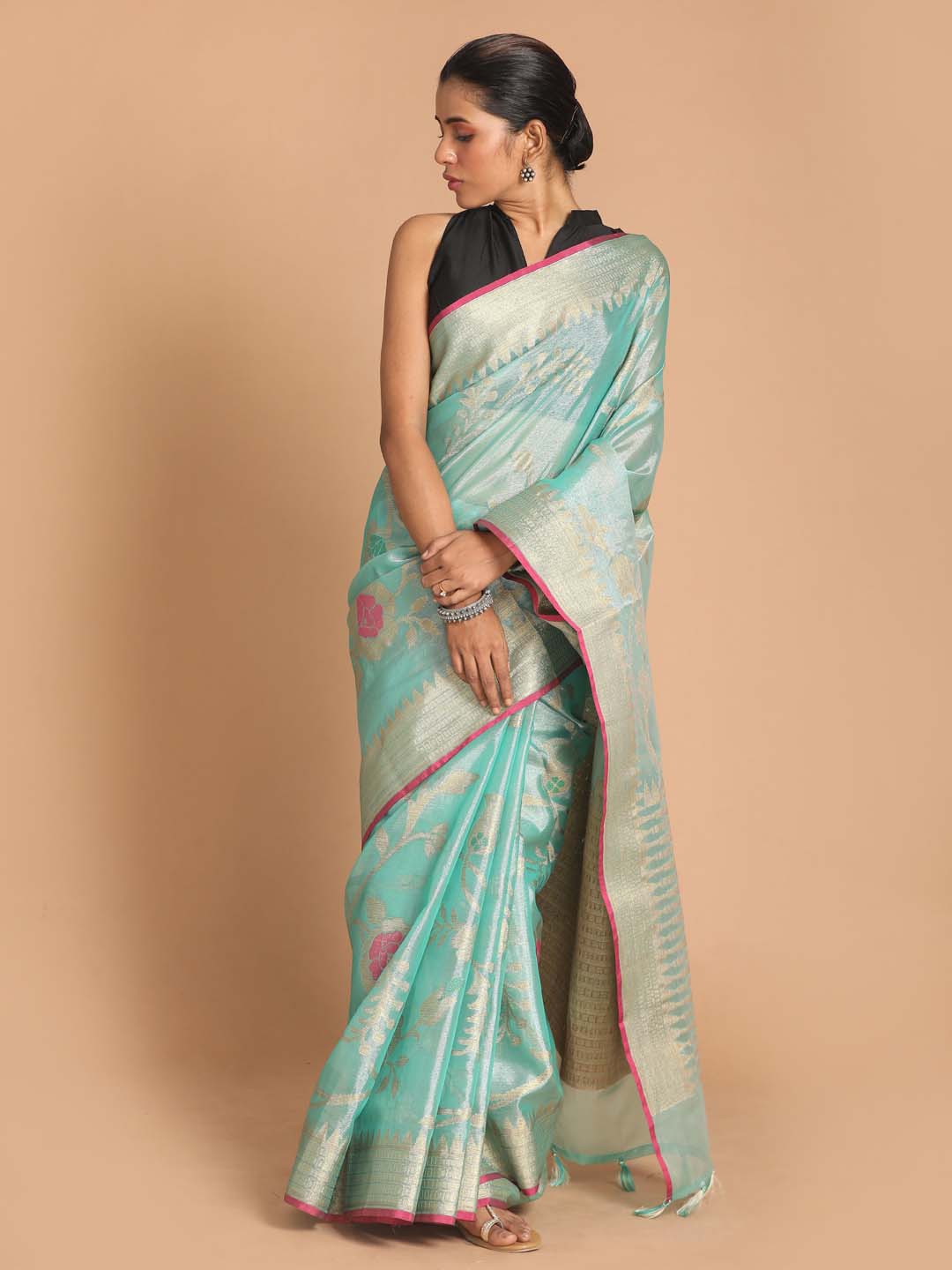 Indethnic Banarasi Sea Green Woven Design Party Wear Saree - View 1