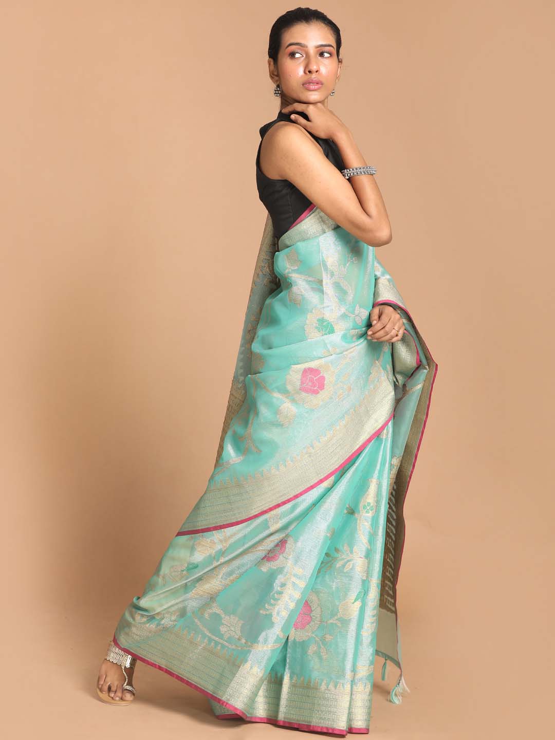 Indethnic Banarasi Sea Green Woven Design Party Wear Saree - View 2