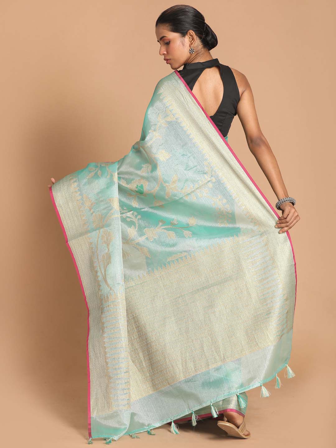 Indethnic Banarasi Sea Green Woven Design Party Wear Saree - View 3