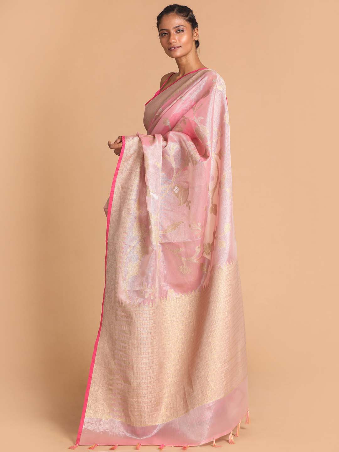 Indethnic Banarasi Pink Woven Design Party Wear Saree - View 1