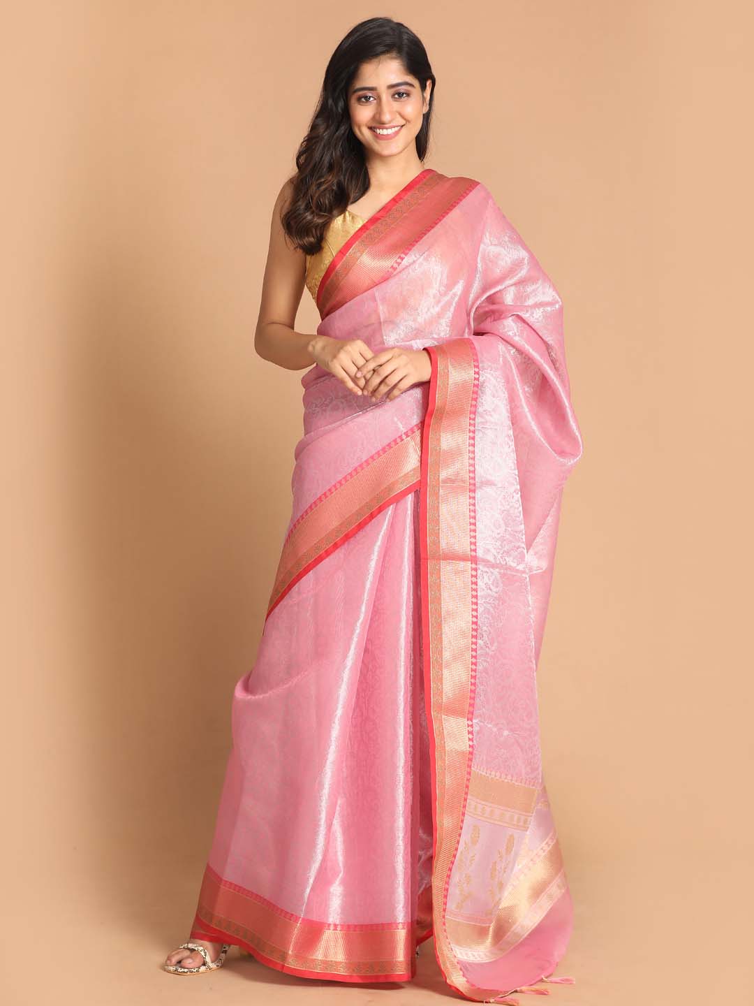 Indethnic Banarasi Pink Woven Design Party Wear Saree - View 1