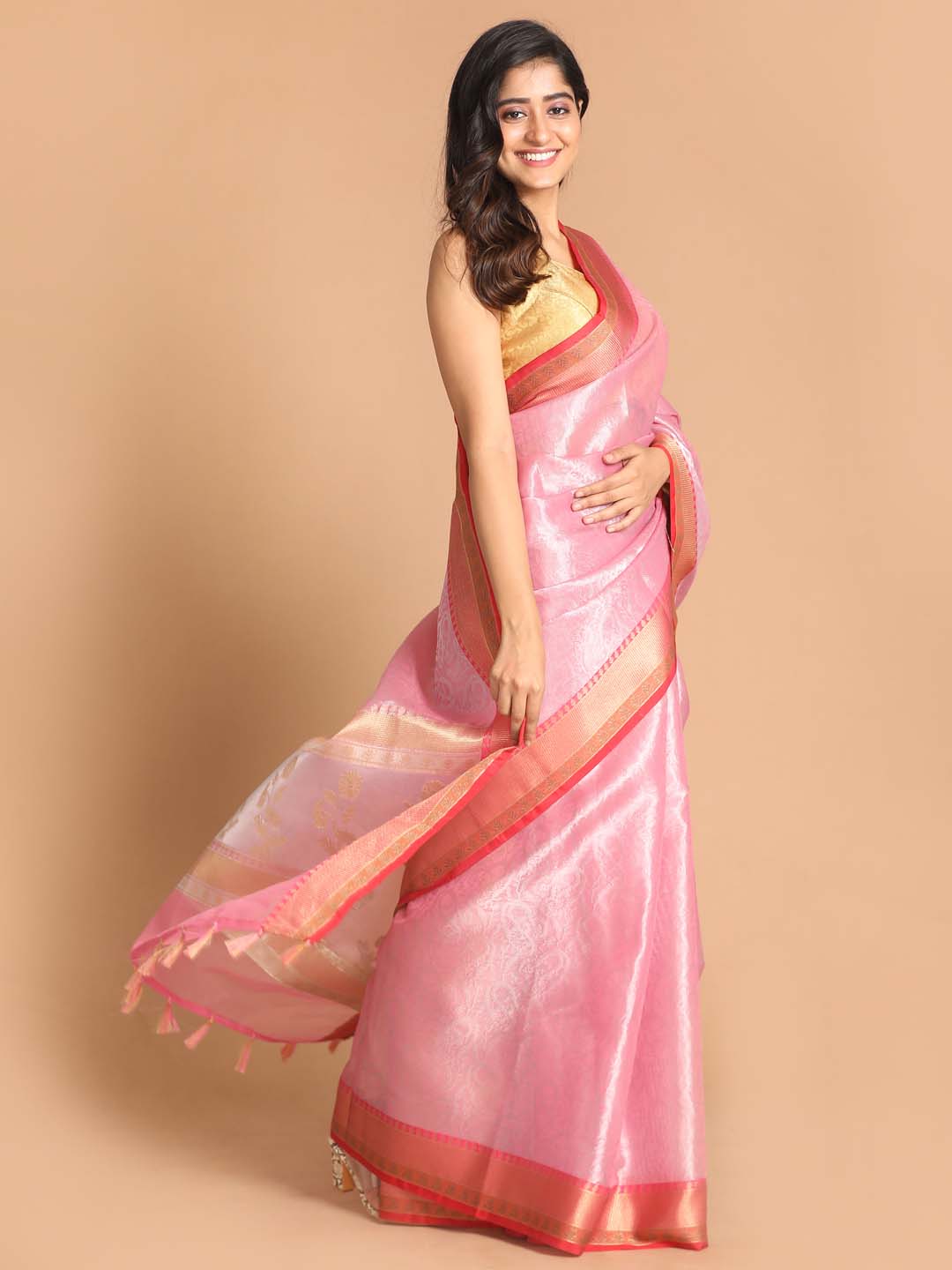 Indethnic Banarasi Pink Woven Design Party Wear Saree - View 2