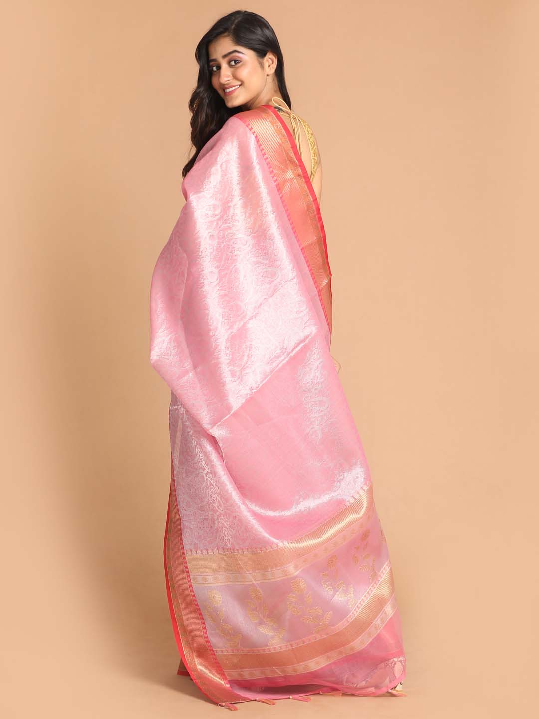 Indethnic Banarasi Pink Woven Design Party Wear Saree - View 3