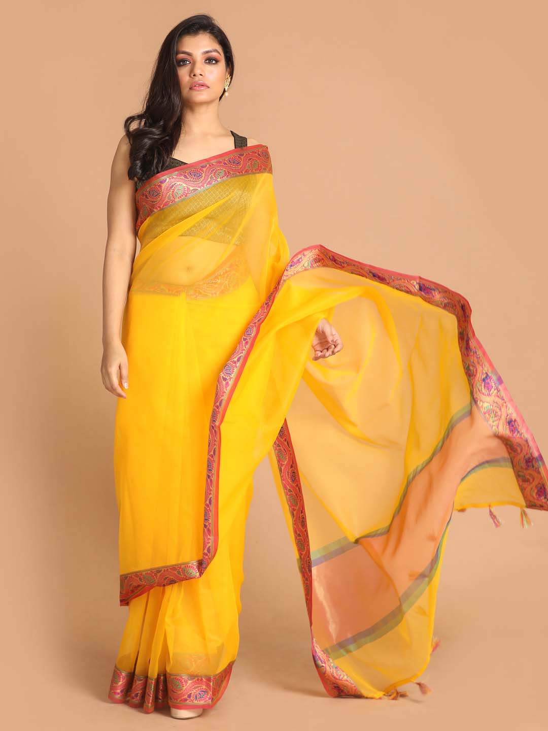 Indethnic Banarasi Yellow Solid Party Wear Saree - View 1