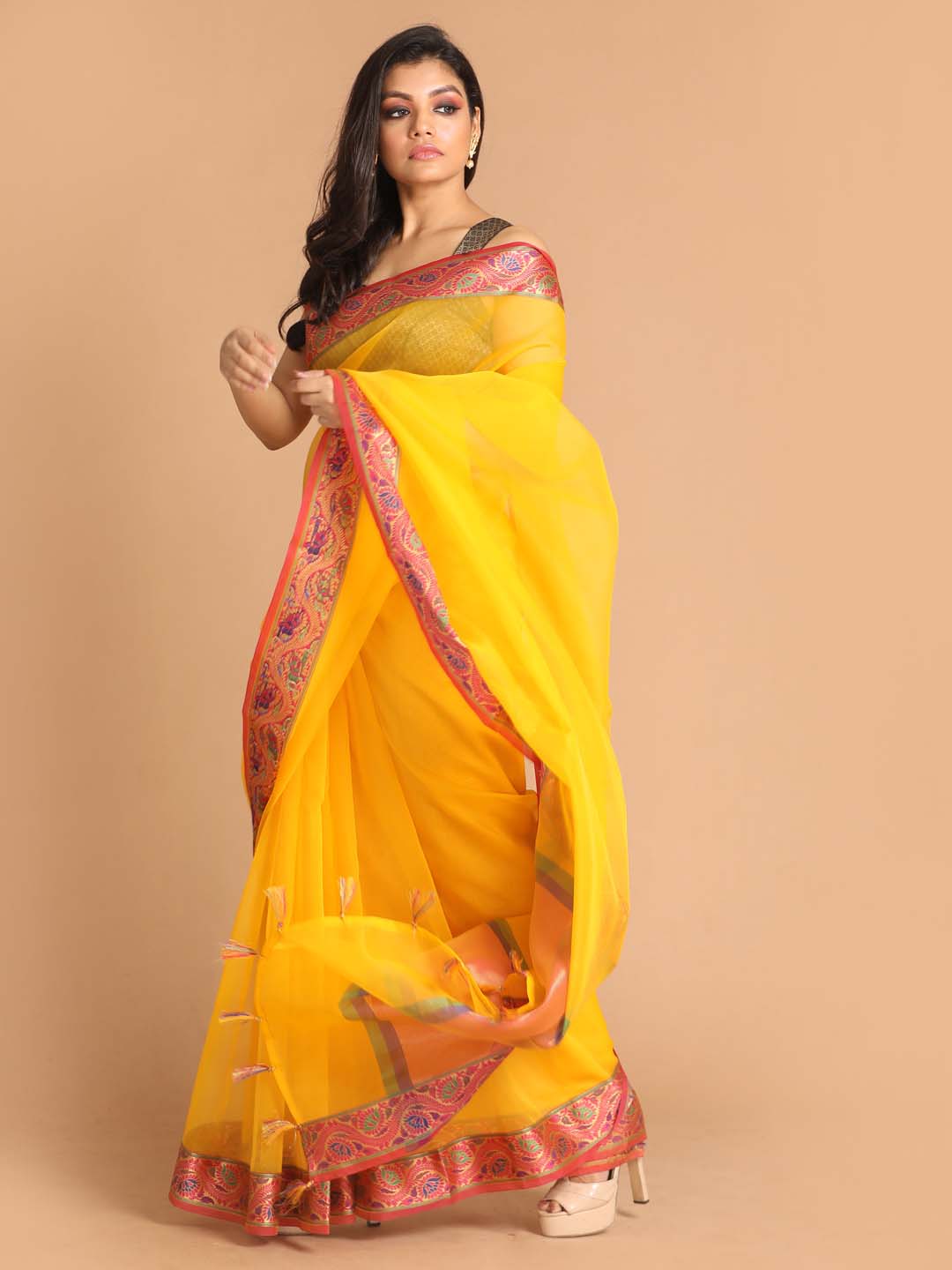 Indethnic Banarasi Yellow Solid Party Wear Saree - View 2