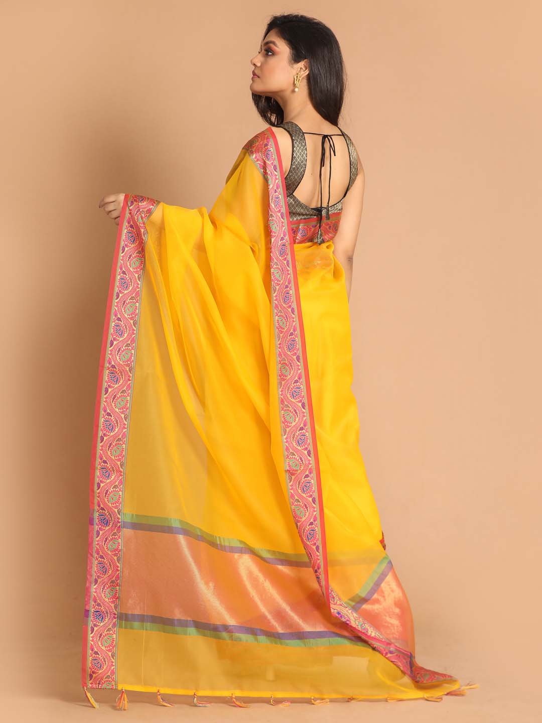Indethnic Banarasi Yellow Solid Party Wear Saree - View 3