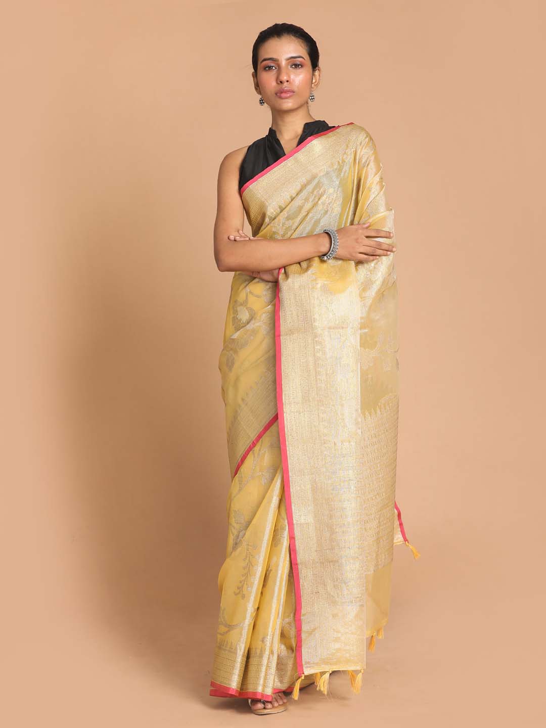 Indethnic Banarasi Yellow Woven Design Party Wear Saree - View 1