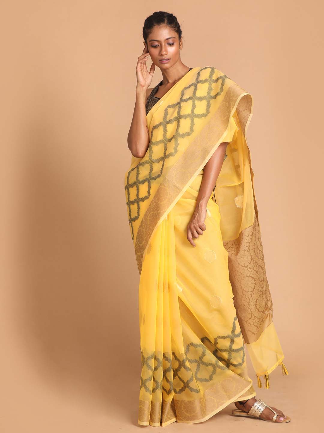 Indethnic Banarasi Yellow Woven Design Party Wear Saree - View 1