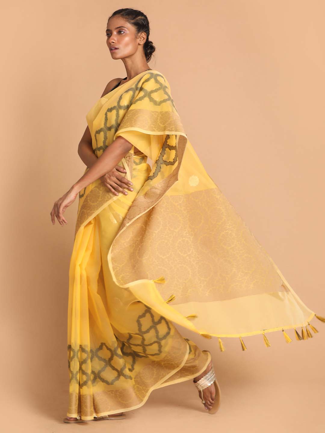 Indethnic Banarasi Yellow Woven Design Party Wear Saree - View 2