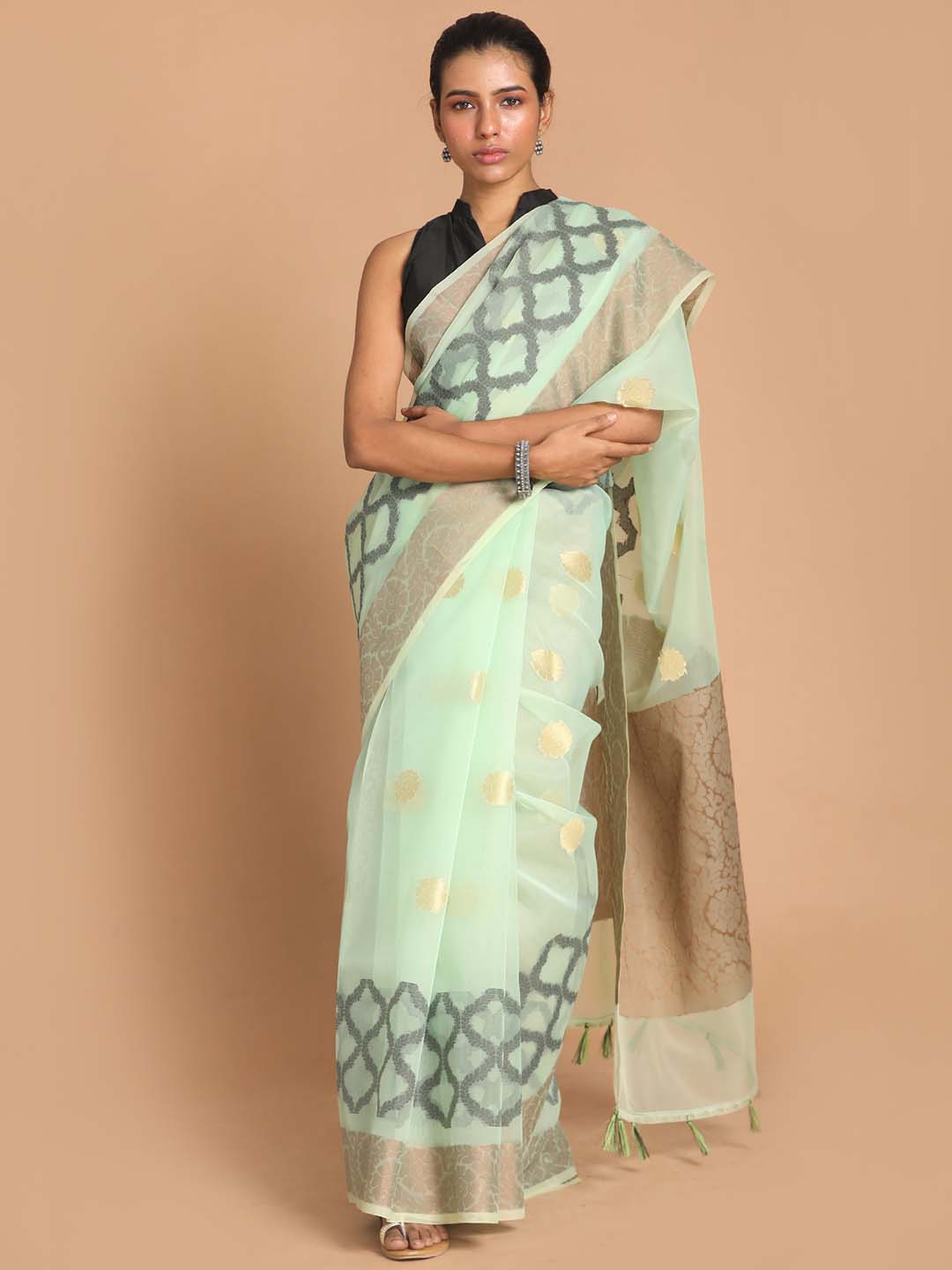 Indethnic Banarasi Pista Woven Design Party Wear Saree - View 1