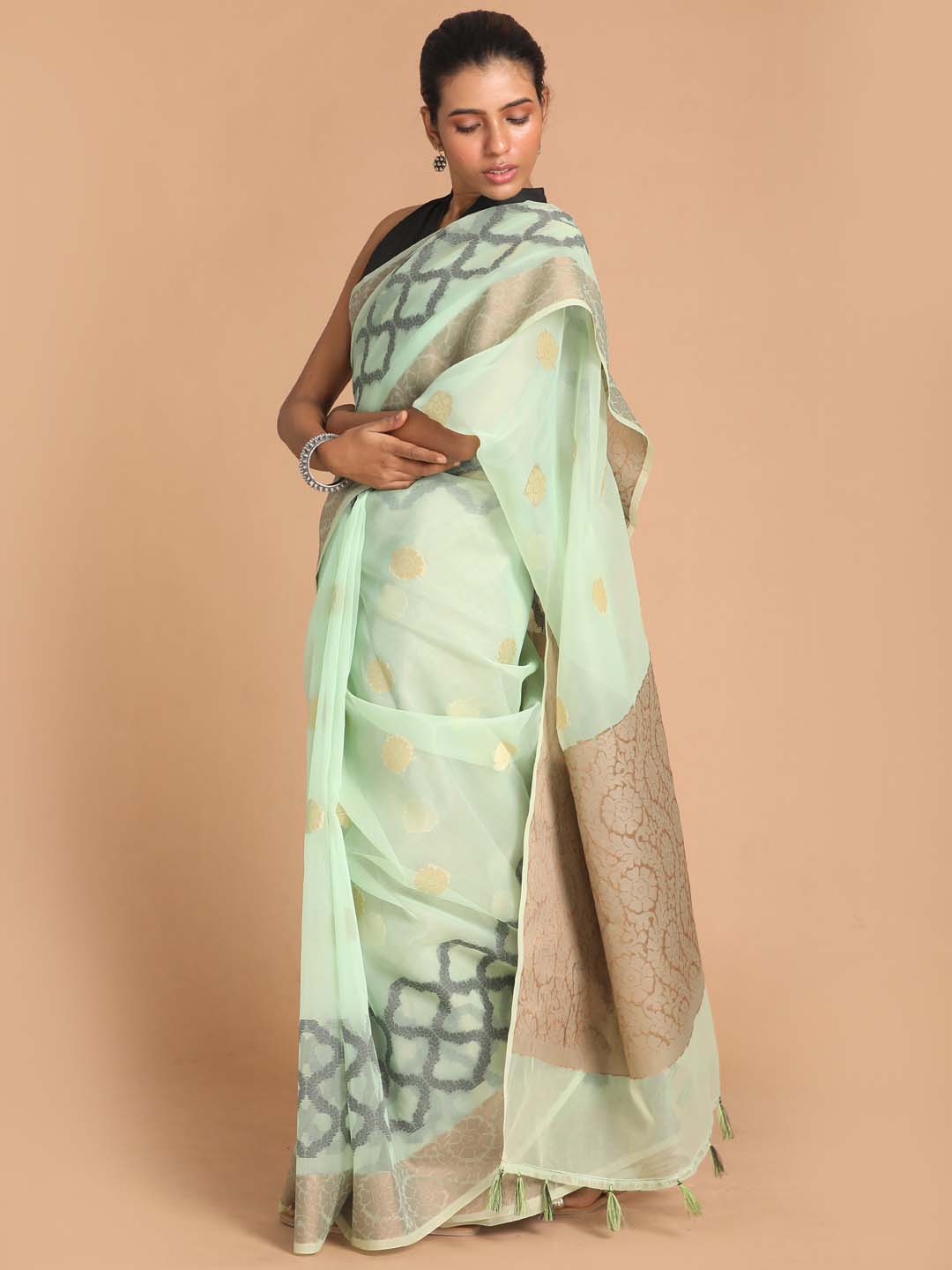 Indethnic Banarasi Pista Woven Design Party Wear Saree - View 2