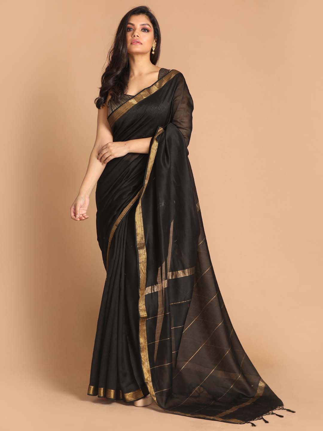 Indethnic Banarasi Black Solid Work Wear Saree - View 1