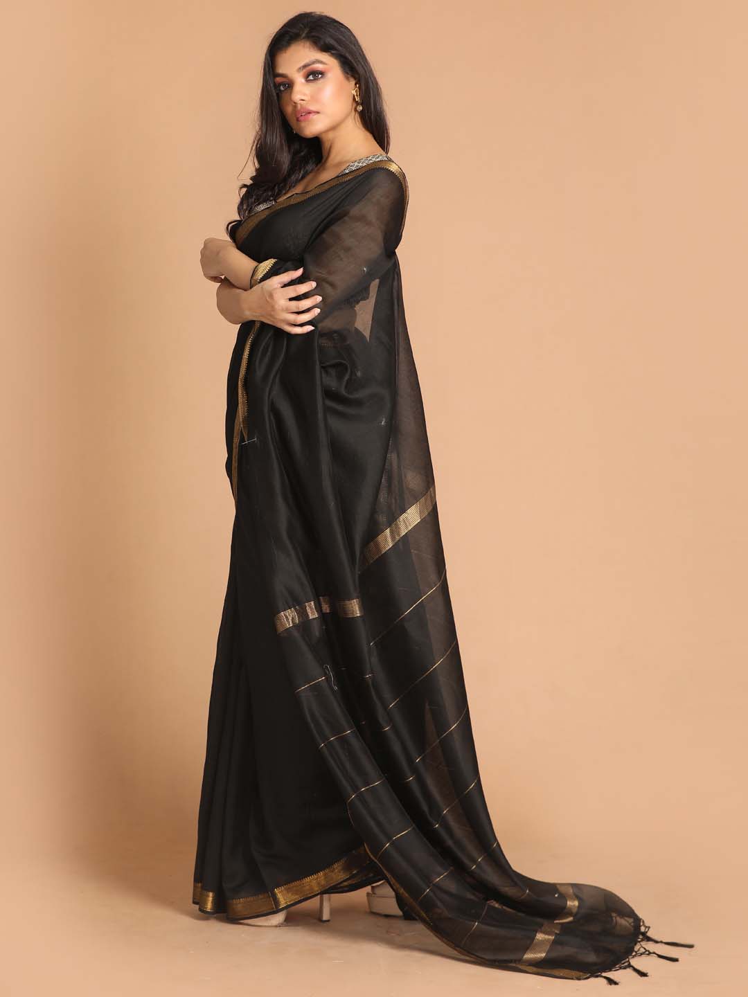 Indethnic Banarasi Black Solid Work Wear Saree - View 2