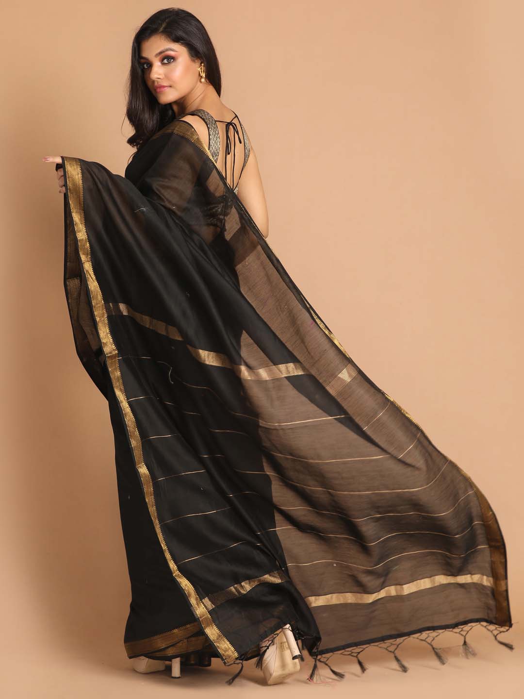 Indethnic Banarasi Black Solid Work Wear Saree - View 3