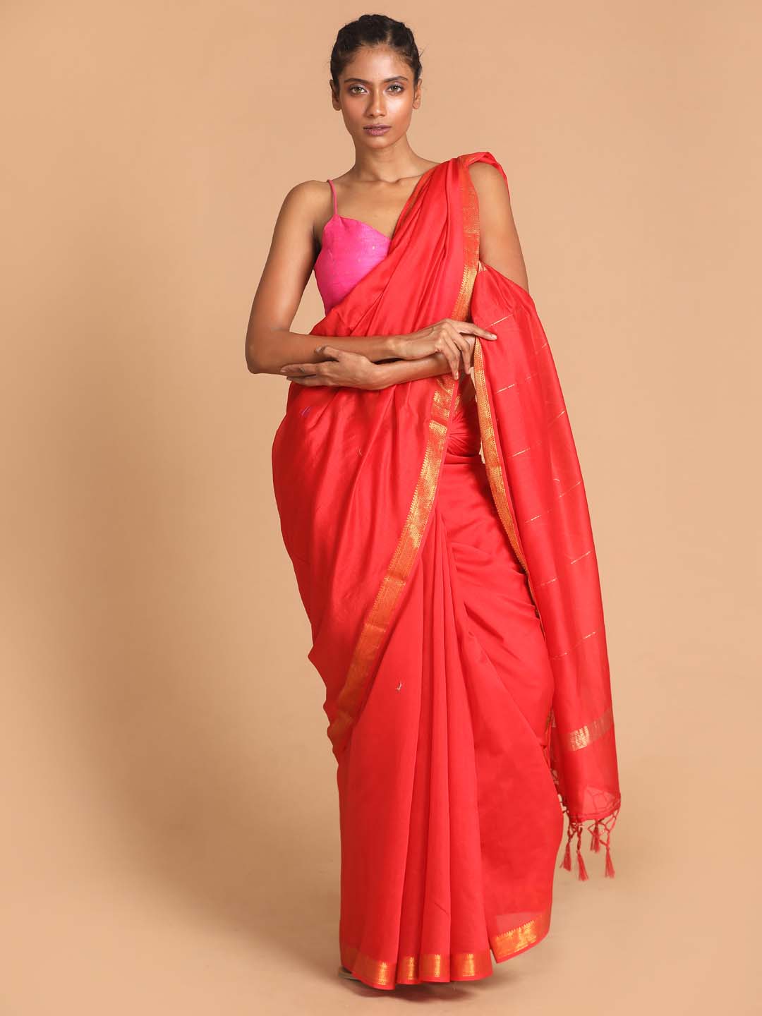 Indethnic Banarasi Red Solid Work Wear Saree - View 1