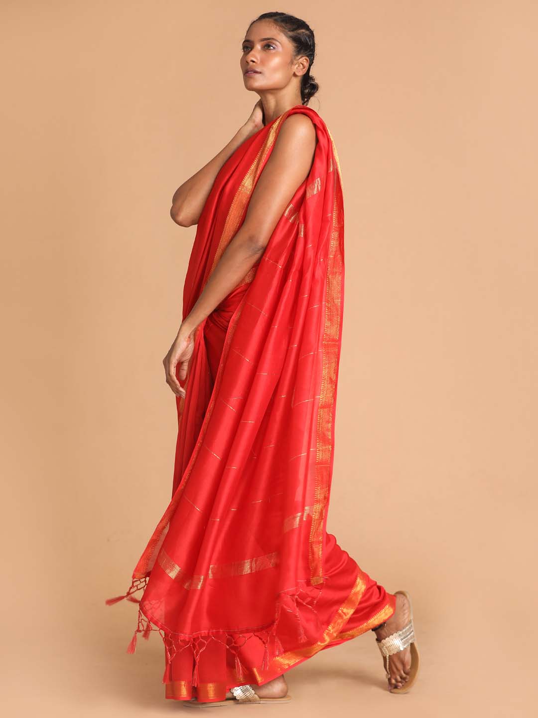 Indethnic Banarasi Red Solid Work Wear Saree - View 2