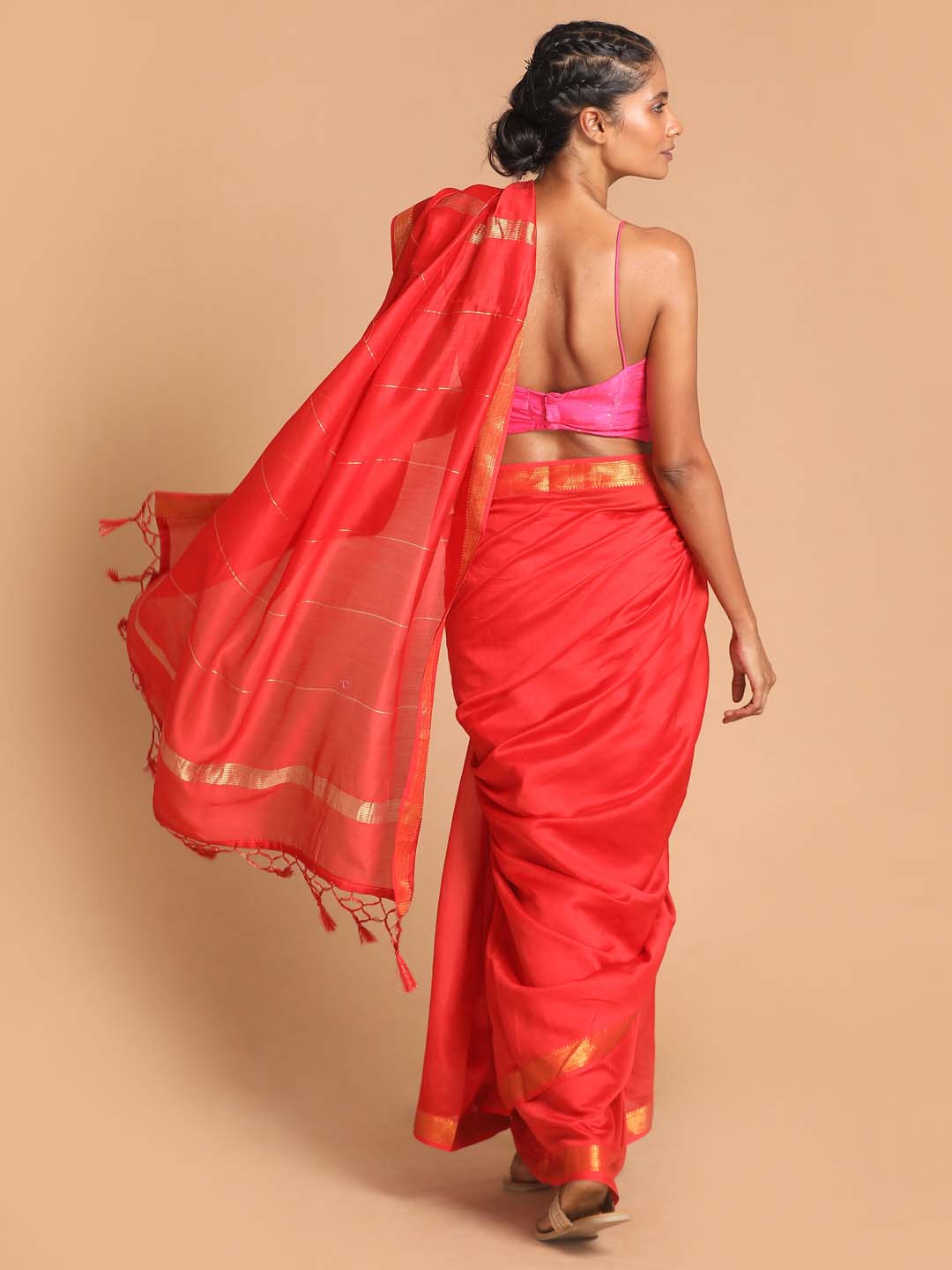 Indethnic Banarasi Red Solid Work Wear Saree - View 3