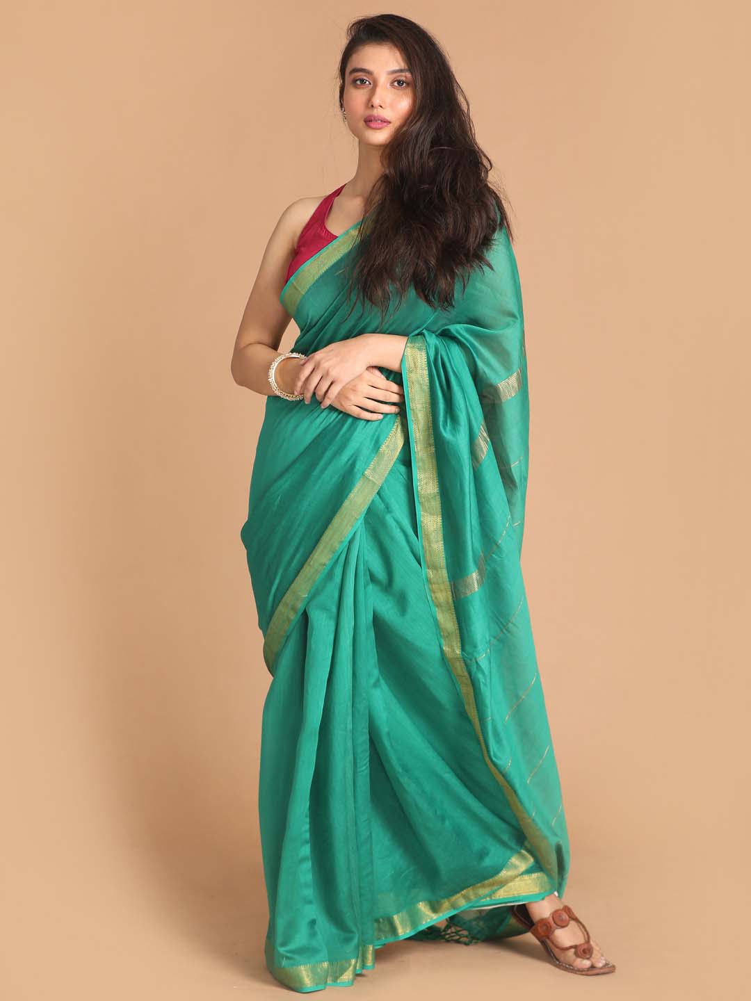 Indethnic Banarasi Green Solid Work Wear Saree - View 1